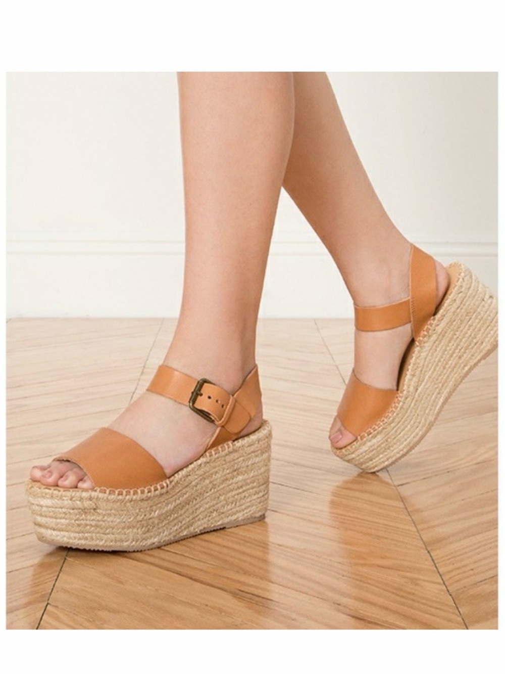 Soludos Minorca Tan Leather Espadrille Platform Wedge Sandals